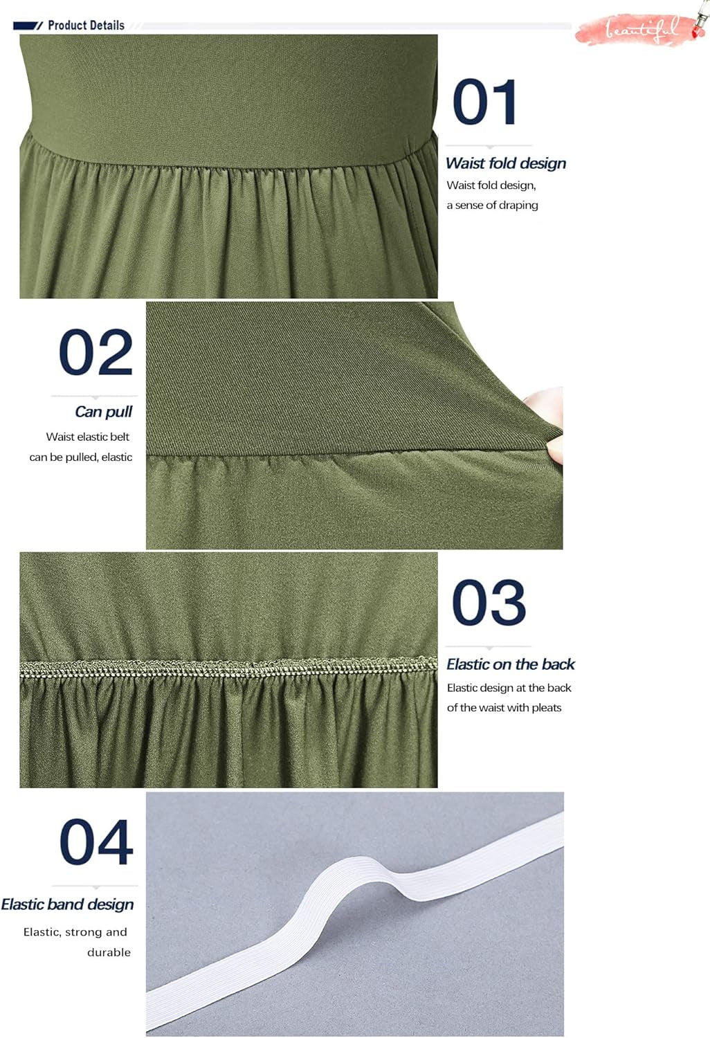 Women'S Short Sleeve Empire Waist Dress Pleated Loose Swing Knee Length Dresses with Pockets 2025 New