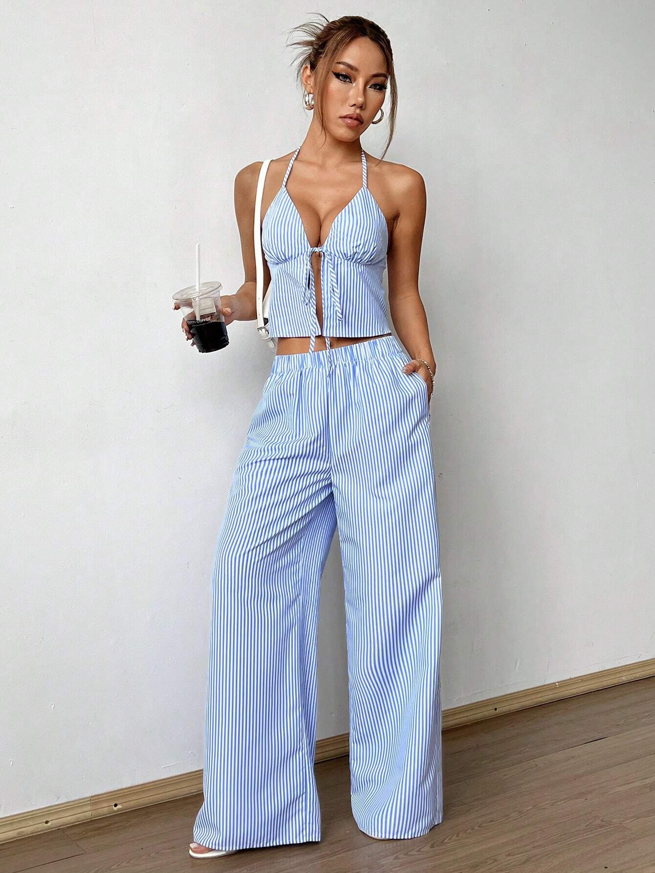 Flirla Striped Tank Top & Elastic Straight Leg Pants Casual Women'S Two-Piece Set