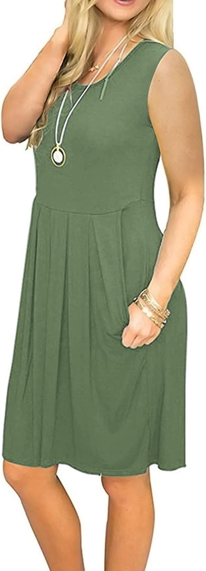 Women'S Sleeveless Dresses for Women 2025 Pleated Loose Swing Knee Length Dress with Pockets