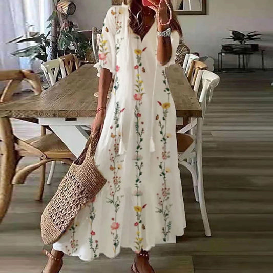 Sun Dresses for Women plus Size Fashion Casual Spring and Summer V-Neck Three-Quarter Sleeve Printed Dress Beach Flowy Long Dress on Clearance