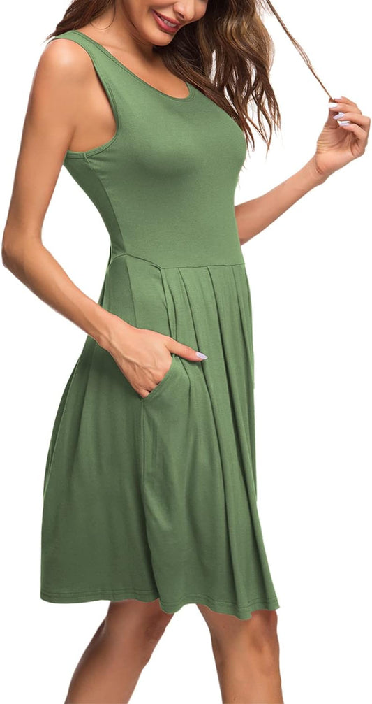Women'S Sleeveless Dresses for Women 2025 Pleated Loose Swing Knee Length Dress with Pockets