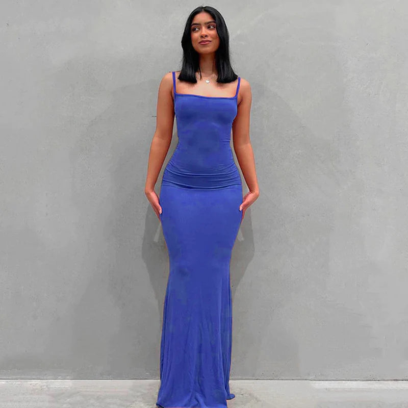 2023 Summer Women Sexy Spaghetti Strap Black Skims Long Dress Y2K Sleeveless Solid Skinny Bodycon Trumpet Maxi Dresses Vestidos