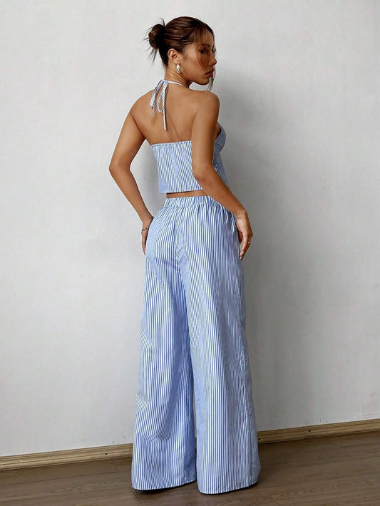 Flirla Striped Tank Top & Elastic Straight Leg Pants Casual Women'S Two-Piece Set