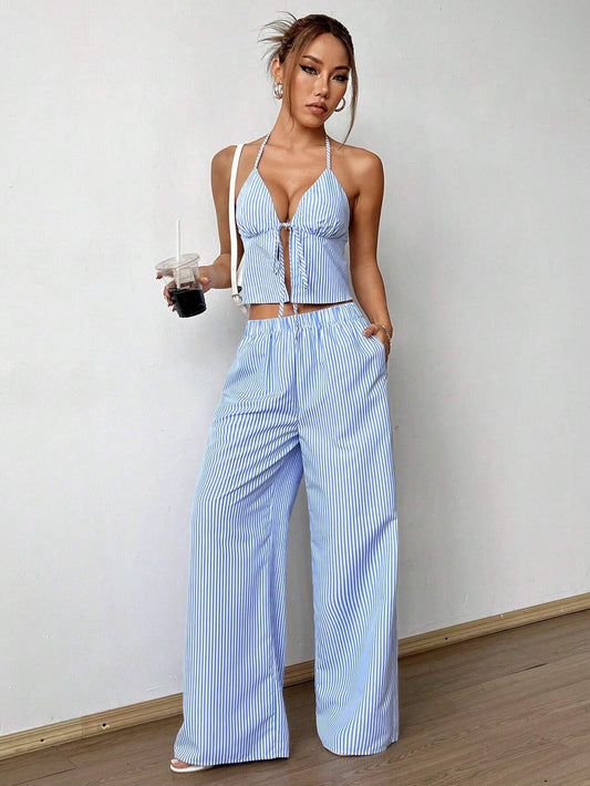 Flirla Striped Tank Top & Elastic Straight Leg Pants Casual Women'S Two-Piece Set
