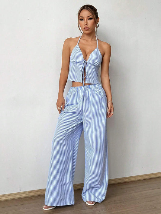 Flirla Striped Tank Top & Elastic Straight Leg Pants Casual Women'S Two-Piece Set