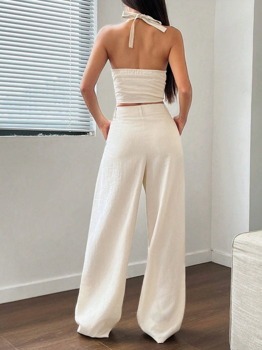 Flirla 2Pcs Set: Neck Tie Design Vest and Straight Leg Casual Pants