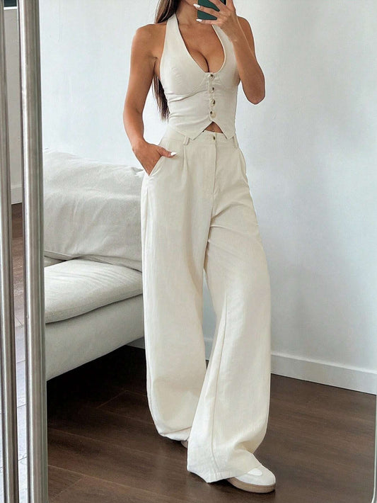 Flirla 2Pcs Set: Neck Tie Design Vest and Straight Leg Casual Pants