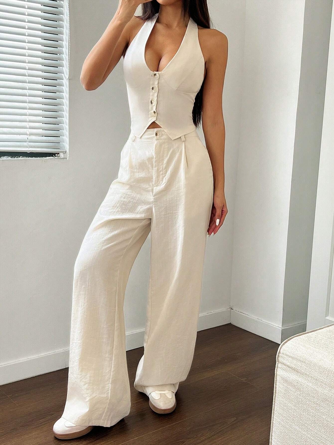 Flirla 2Pcs Set: Neck Tie Design Vest and Straight Leg Casual Pants