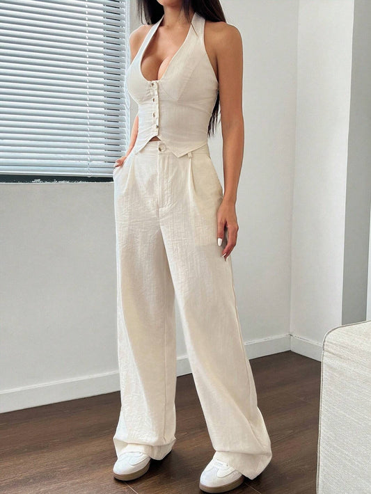 Flirla 2Pcs Set: Neck Tie Design Vest and Straight Leg Casual Pants