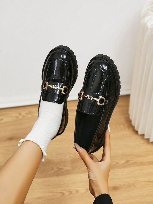 Black Leather Low-Heel Slip-On Loafers for Women, Buckle Decor, Spring/Autumn