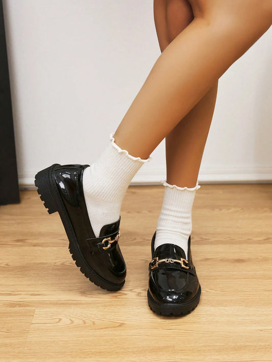 Black Leather Low-Heel Slip-On Loafers for Women, Buckle Decor, Spring/Autumn