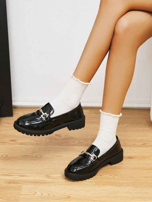 Black Leather Low-Heel Slip-On Loafers for Women, Buckle Decor, Spring/Autumn