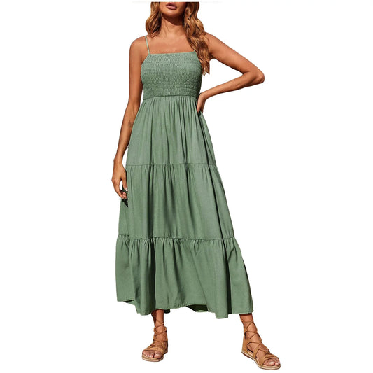 Summer Dress, Women Halter Sleeveless Bohemian Maxi Dress Pleated High-Waisted Dress Ankle Dress Sun Dress Leisure plus Size Dresses for Women Mint Green Xxxxl