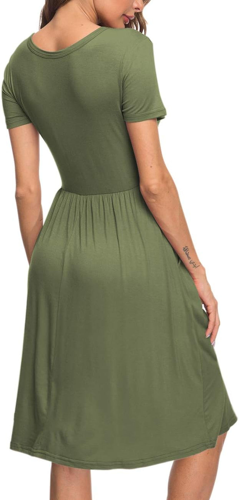 Women'S Short Sleeve Empire Waist Dress Pleated Loose Swing Knee Length Dresses with Pockets 2025 New