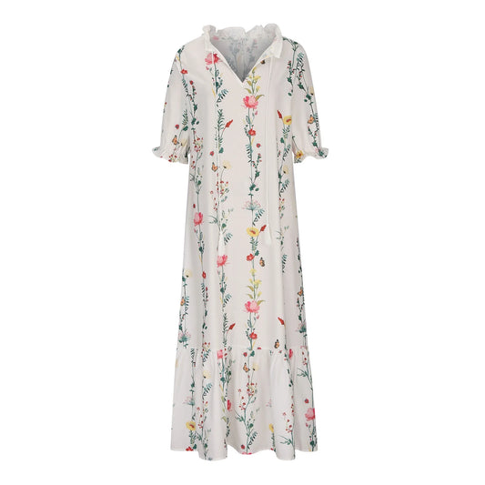 Sun Dresses for Women plus Size Fashion Casual Spring and Summer V-Neck Three-Quarter Sleeve Printed Dress Beach Flowy Long Dress on Clearance