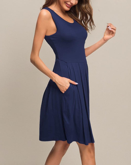 Women'S Sleeveless Dresses for Women 2025 Pleated Loose Swing Knee Length Dress with Pockets