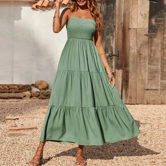 Summer Dress, Women Halter Sleeveless Bohemian Maxi Dress Pleated High-Waisted Dress Ankle Dress Sun Dress Leisure plus Size Dresses for Women Mint Green Xxxxl