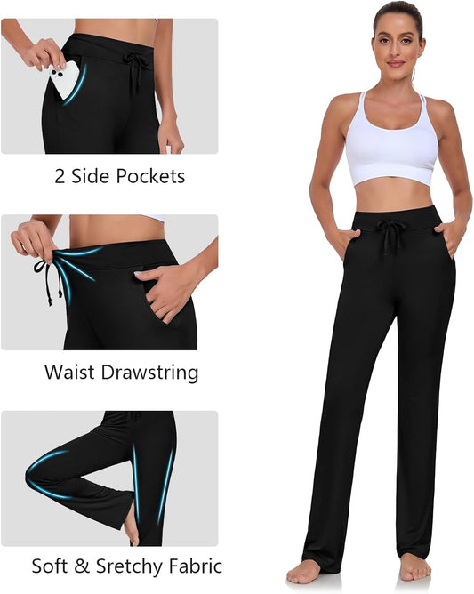 Womens Yoga Pants with Pockets Straight-Leg Loose Comfy Modal Drawstring Lounge Running Long Active Casual Sweatpants