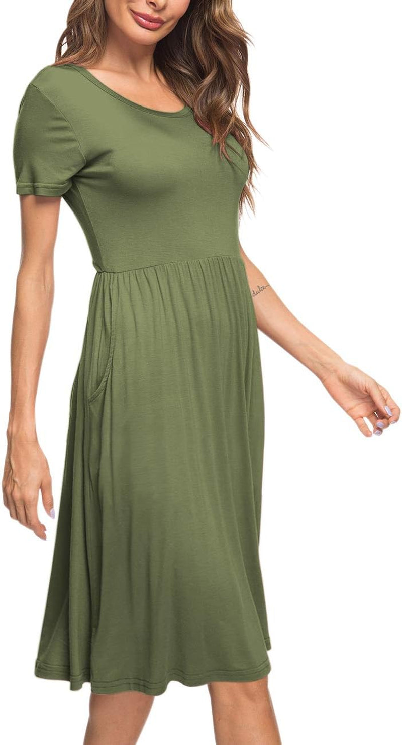 Women'S Short Sleeve Empire Waist Dress Pleated Loose Swing Knee Length Dresses with Pockets 2025 New