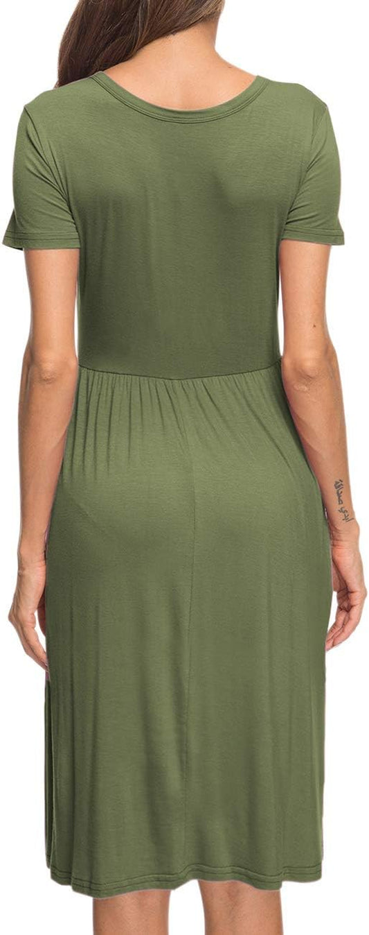 Women'S Short Sleeve Empire Waist Dress Pleated Loose Swing Knee Length Dresses with Pockets 2025 New