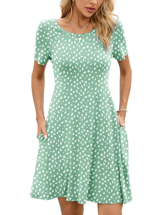 Women'S Summer Dresses Casual T Shirt Dresses Leaves Medium Short Sleeve Flowy Beach Sundress with Pockets