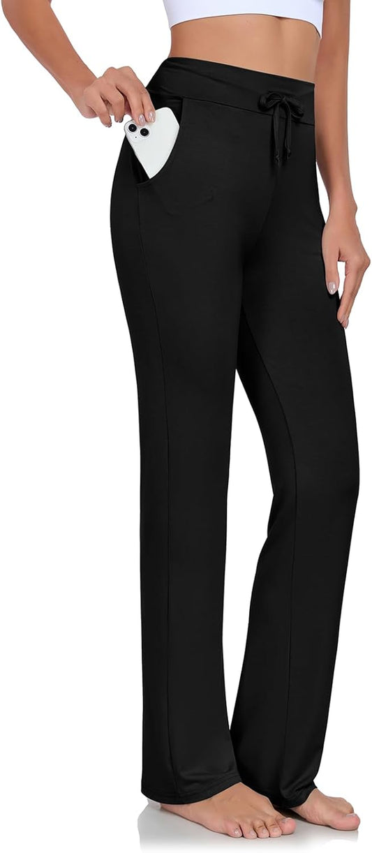 Womens Yoga Pants with Pockets Straight-Leg Loose Comfy Modal Drawstring Lounge Running Long Active Casual Sweatpants