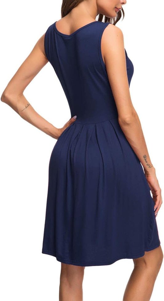 Women'S Sleeveless Dresses for Women 2025 Pleated Loose Swing Knee Length Dress with Pockets