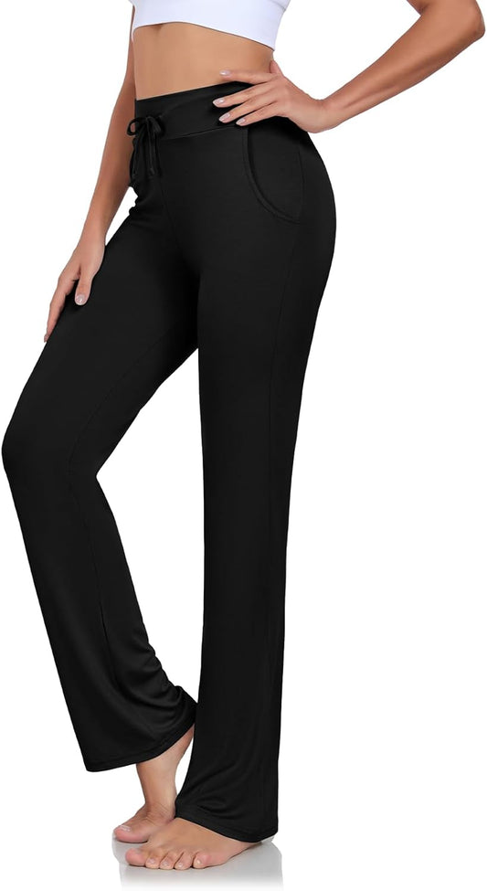 Womens Yoga Pants with Pockets Straight-Leg Loose Comfy Modal Drawstring Lounge Running Long Active Casual Sweatpants