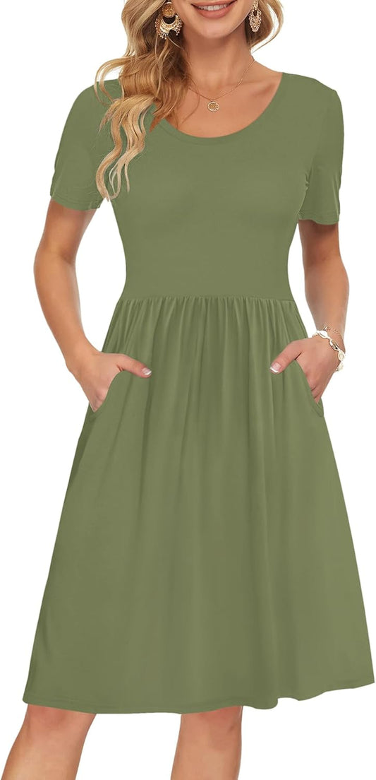 Women'S Short Sleeve Empire Waist Dress Pleated Loose Swing Knee Length Dresses with Pockets 2025 New