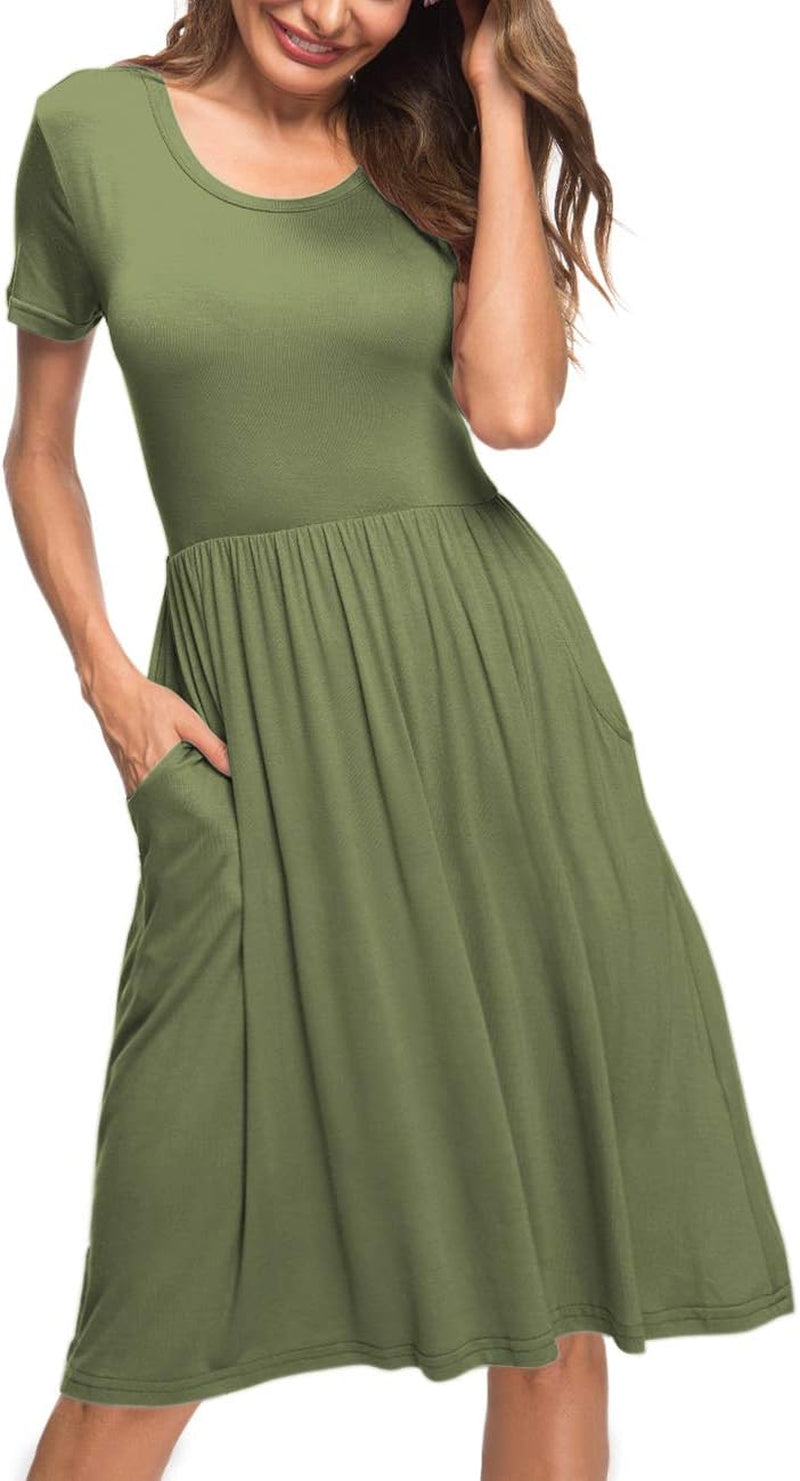 Women'S Short Sleeve Empire Waist Dress Pleated Loose Swing Knee Length Dresses with Pockets 2025 New