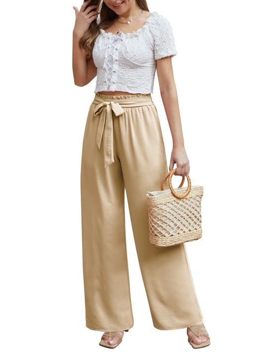 Women Casual Wide Leg Pants High Waisted Business Work Casual Pants Loose Flowy Beach Palazzo Pants