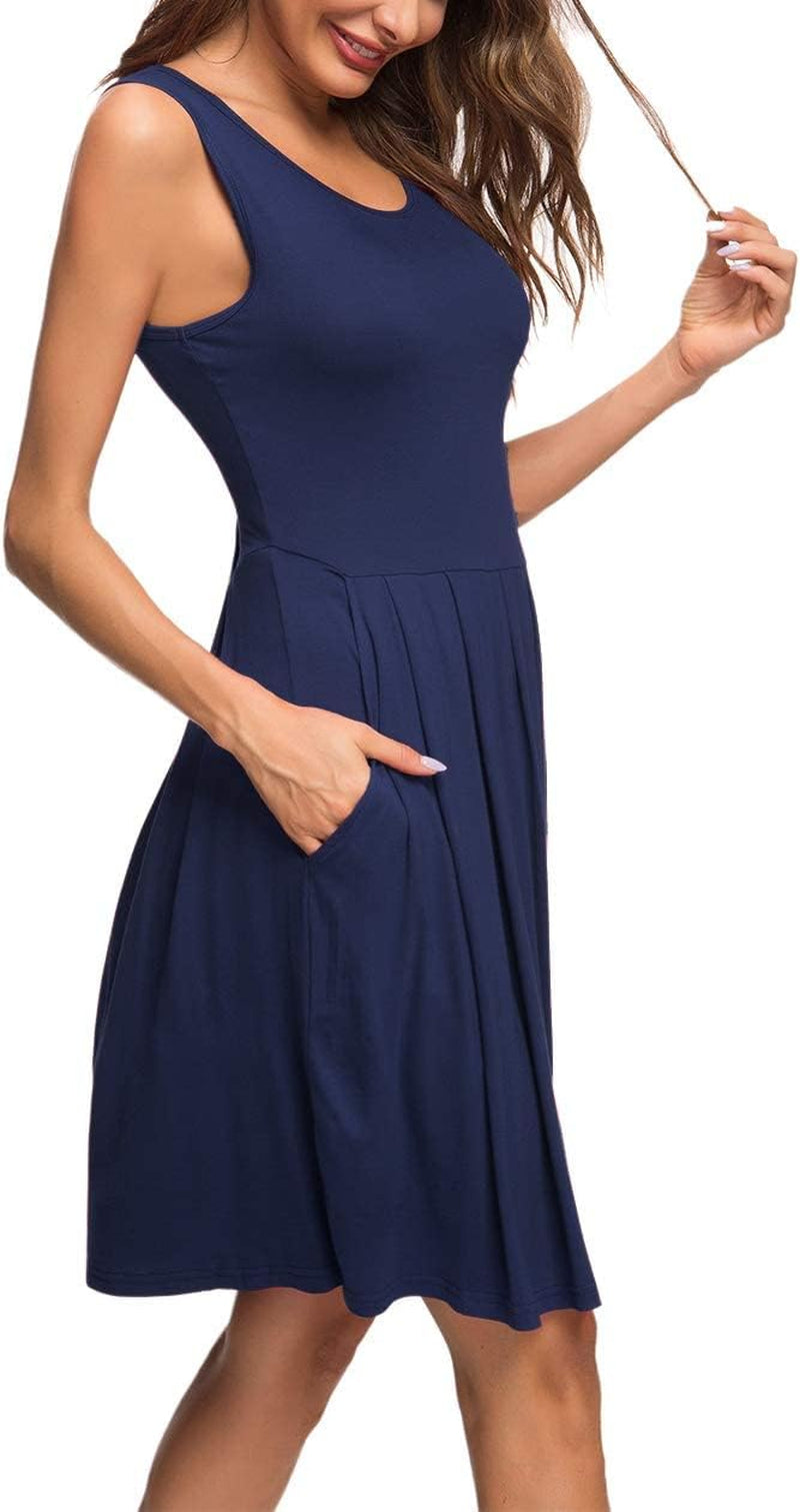 Women'S Sleeveless Dresses for Women 2025 Pleated Loose Swing Knee Length Dress with Pockets