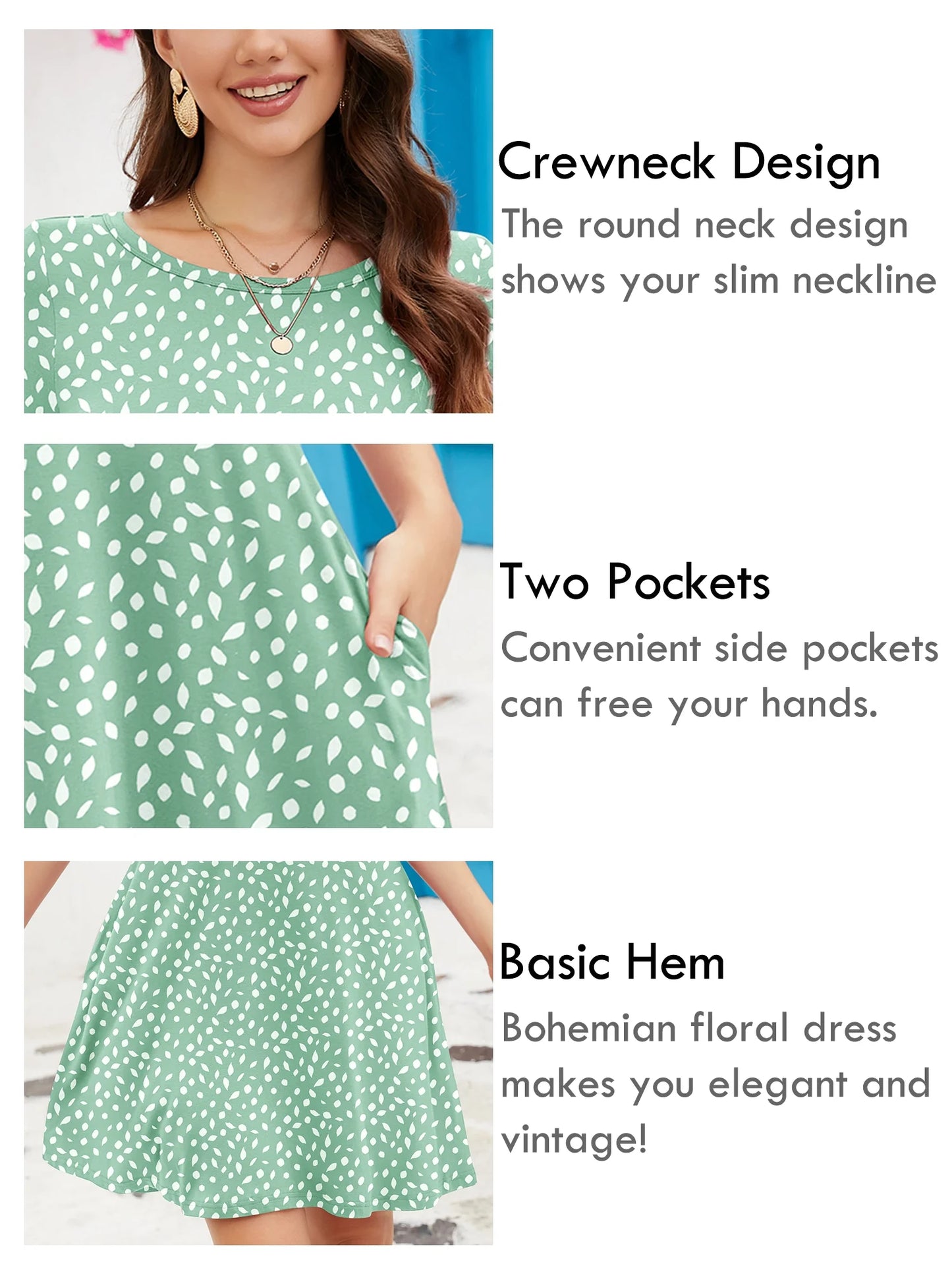 Women'S Summer Dresses Casual T Shirt Dresses Leaves Medium Short Sleeve Flowy Beach Sundress with Pockets