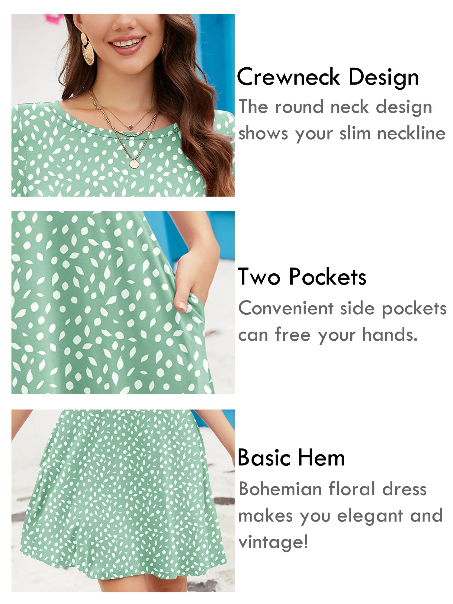 Women'S Summer Dresses Casual T Shirt Dresses Leaves Medium Short Sleeve Flowy Beach Sundress with Pockets