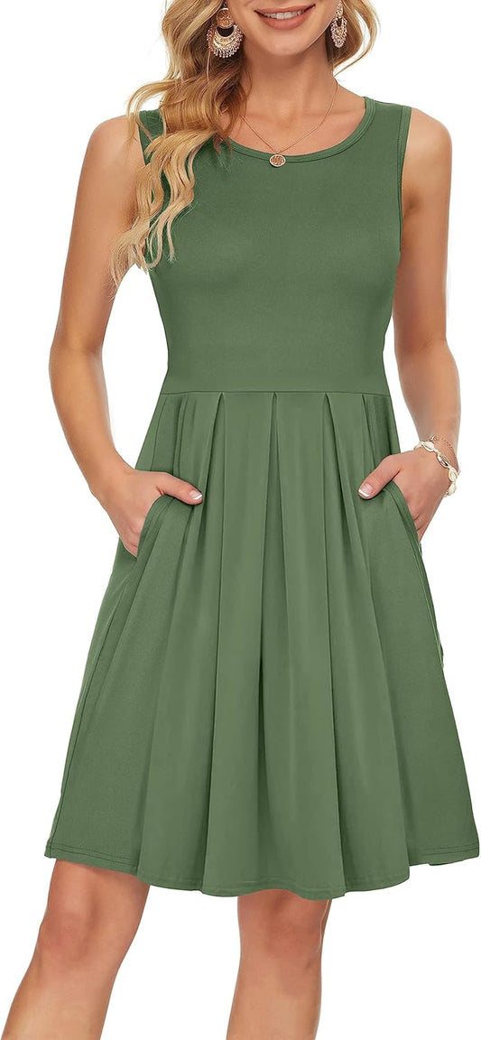 Women'S Sleeveless Dresses for Women 2025 Pleated Loose Swing Knee Length Dress with Pockets