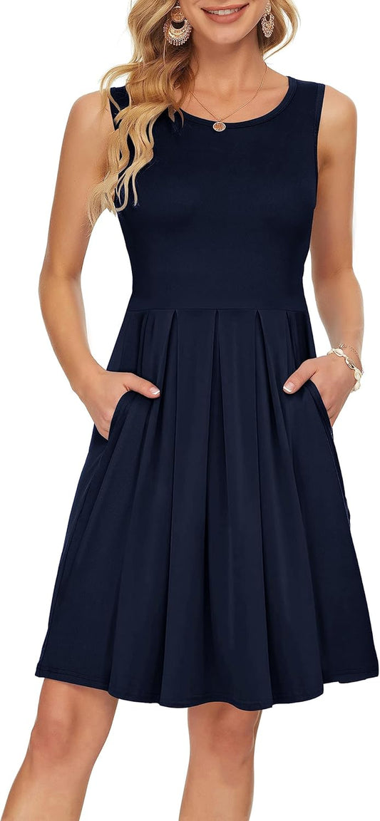 Women'S Sleeveless Dresses for Women 2025 Pleated Loose Swing Knee Length Dress with Pockets
